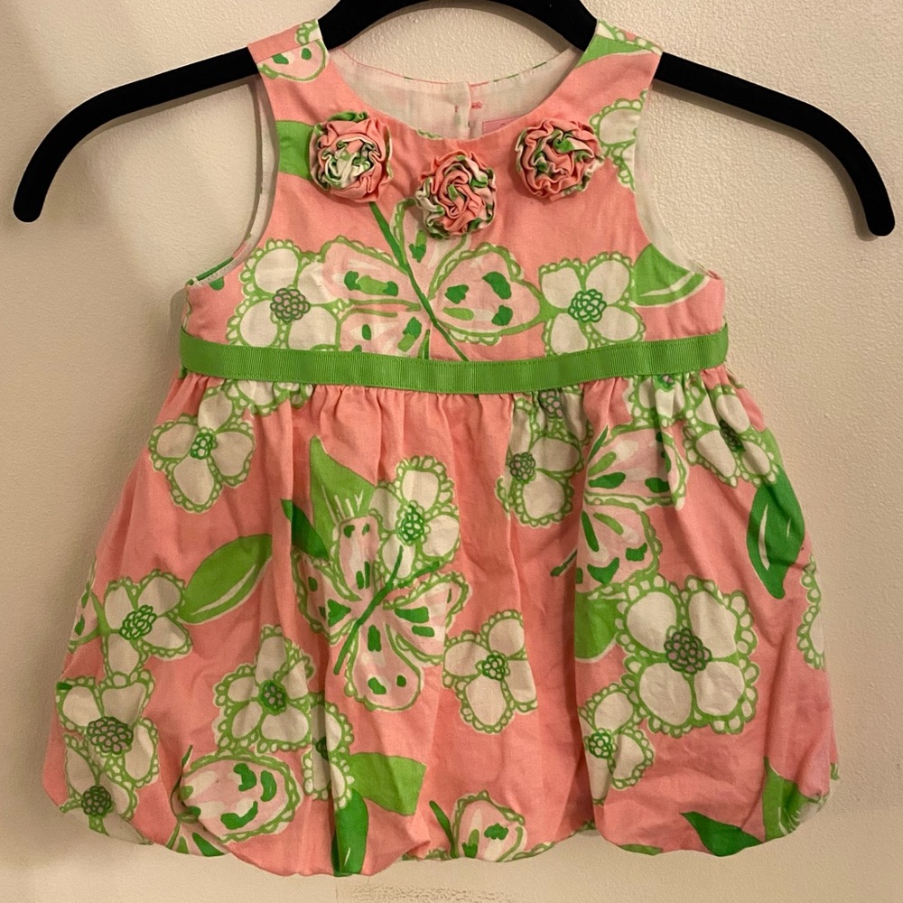 Lilly Pulitzer Pink and Green Butterfly Print Baby Bubble Dress- 12-18mo